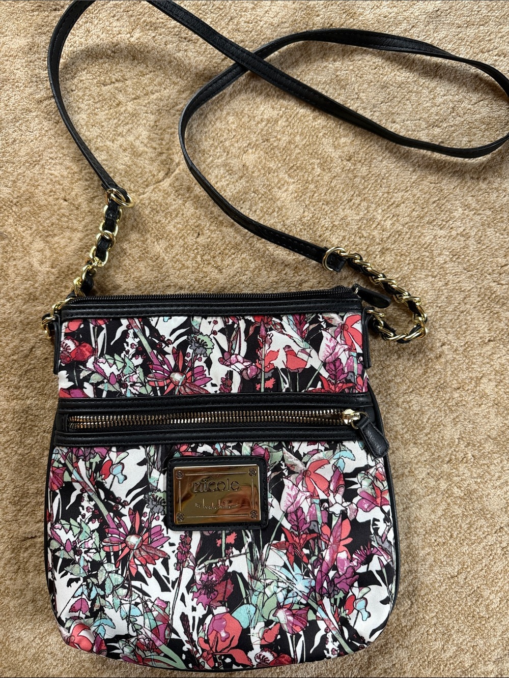 Nicole Lee Black Floral Crossbody with Pink & Mint Accents